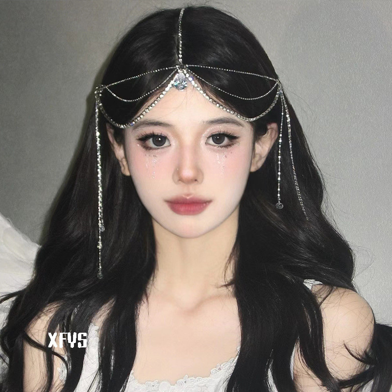 สร้อยคริสตัลวินเทจพู่จี้คิ้ว Hanfu กิ๊บผมเจ้าสาวเครื่องประดับผมแต่งงาน