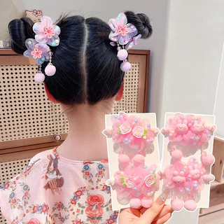 Dangle น่ารักดอกไม้สีชมพูผมผูกเชือกผม Scrunchies ยางผมหางม้าเครื่องประดับสําหรับเด็กเด็ก
