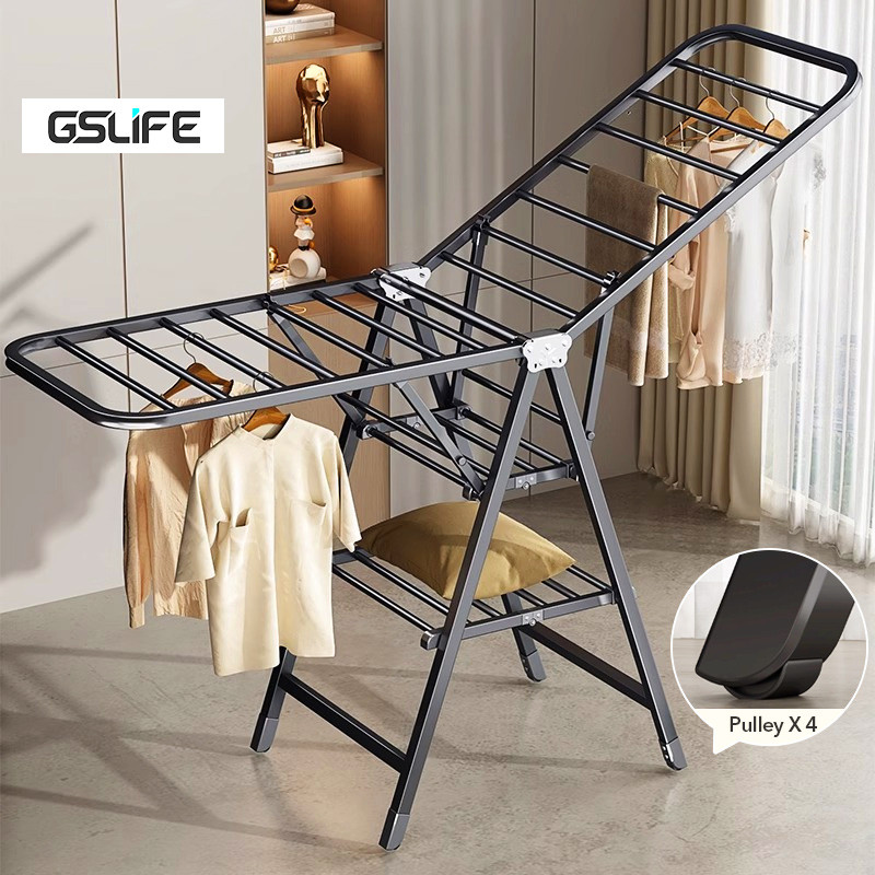 GSlife ปรับความสูงได้ ราวตากผ้าแบบพับได้สำหรับงานหนักกันลมราวตากผ้าชั้นราวแขวนเสื้อผ้า