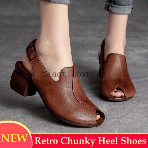 FC4 Retro Chunky Heel Shoes Fish Mouth Mid-heel Womens Shoes 3u8v