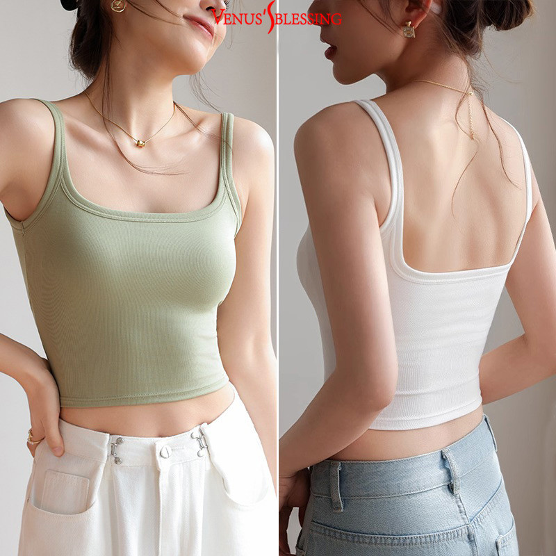 เสื้อครอปเบสิคคอยูวินเทจ 2 ใน 1 พร้อมแผ่นรองหน้าอก เสื้อตัวสั้นหลังใหญ่ของผู้หญิง