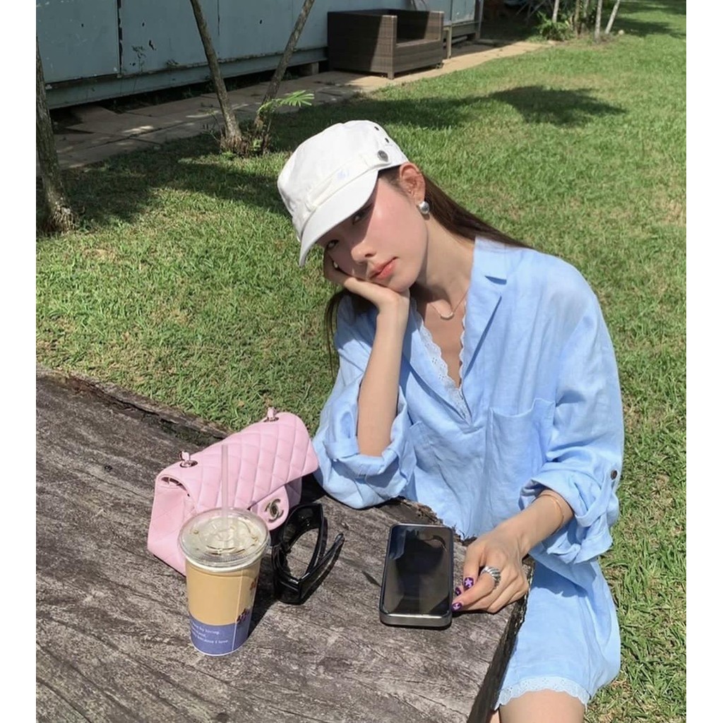 mimi&didi#เสื้อเชิ้ตยาวปานกลางคอวีขนาดใหญ่ประดับด้วยลูกไม้ แขนยาว สีชมพู แฟชั่น เสื้อเชิ้ตที่หรูหราและเป็นผู้หญิง#W520