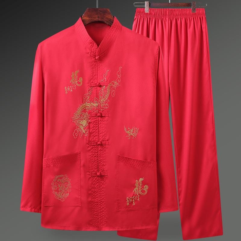 ชุด Hanfu ผู้ชายชุด Tang ผ้าไหมน้ำแข็งชุด Tang ผู้ชายบางชุดแขนยาววัยกลางคนและผู้สูงอายุเสื้อพ่อผู้สูงอายุ Hanfu สไตล์จีนคุณปู่ฤดูใบไม้ผลิและฤดูร้อน & &-&