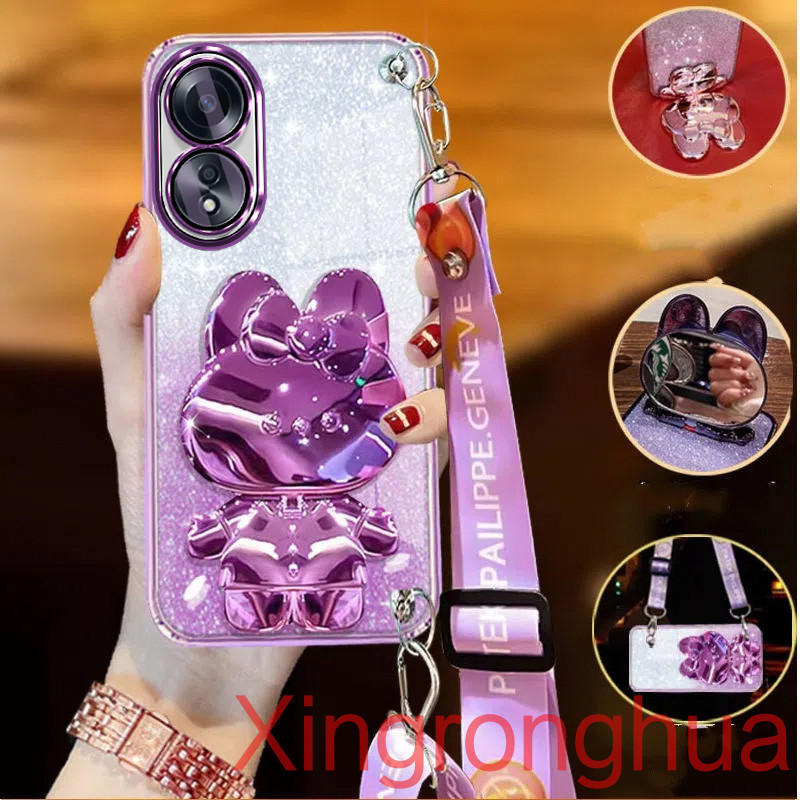 เคสโทรศัพท์สําหรับoppo reno 8t 4G reno 8t 5GหรูหราElectroplatingโปร่งใสGlitter 3Dกระต่ายวงเล็บเครื่องสําอางกระจกเคสโทรศัพท์พร้อมCrossbody Lanyard