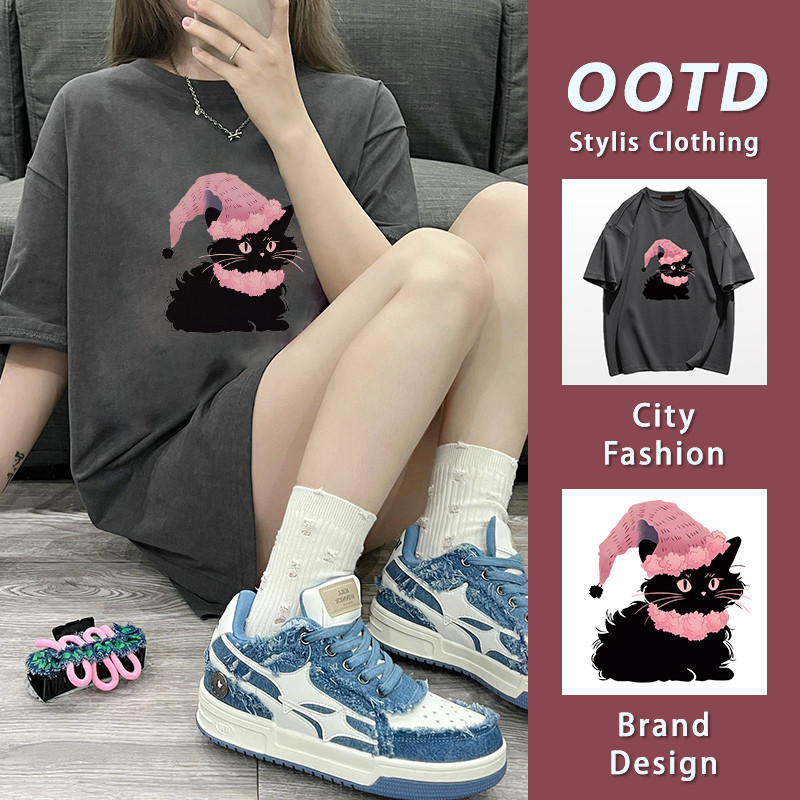 มาใหม่มาใหม่💕พร้อมส่ง เสื้อยืดคอกลม ผ้าฝ้าย แขนสั้น โอเวอร์ไซซ์ แมวสวมหมวก 100%cotton YG292
