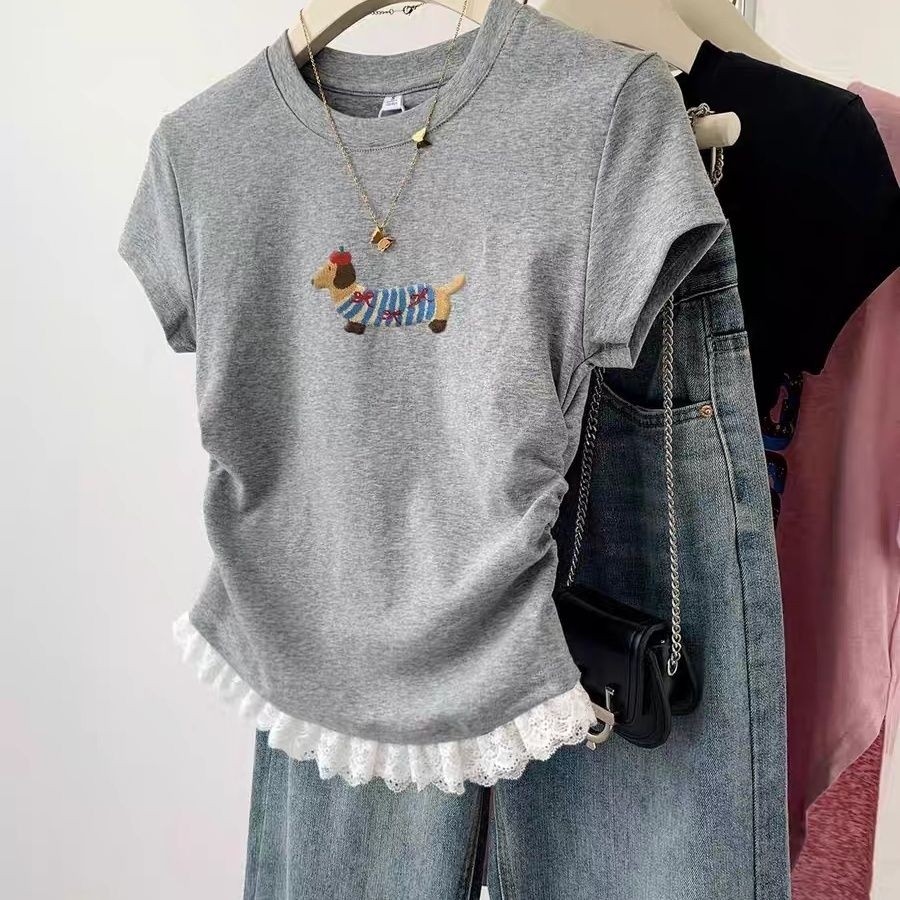 ‌เสื้อยืดครอปสีเทาผู้หญิง - ลูกไม้ตัดลูกสุนัขพิมพ์สลิมฟิตฤดูร้อนที
