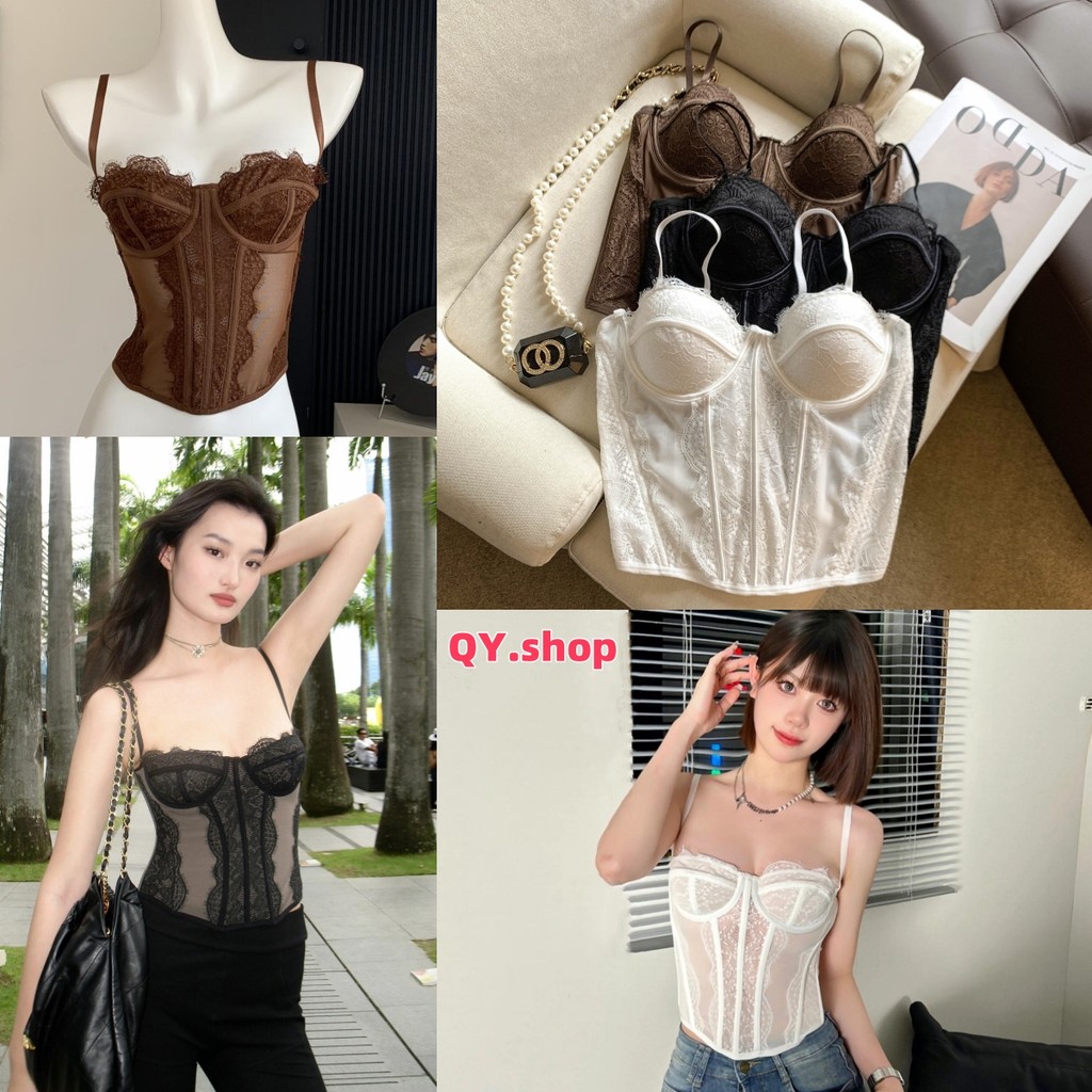 QY.Shop⭐️สินค้าราคาพิเศษ⭐️เสื้อสายเดี่ยว ทรงรักรูป น่ารักมากๆ มีฟองน้ำ ลายลูกไม้ "FY1941"