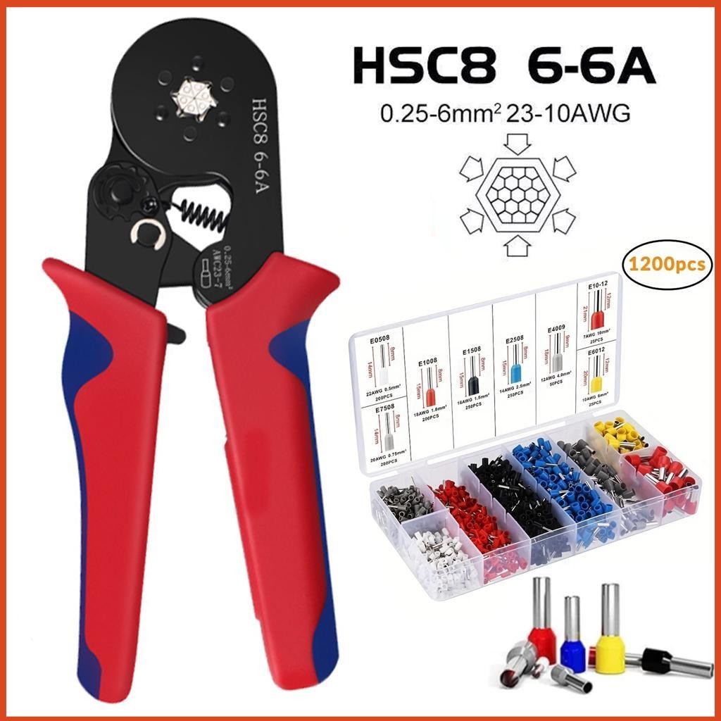 HSC8 6-6A Ferrule Crimper Plier Kit + 0.20-6mm2 23-10AWG Tubular Terminal Crimping Tool Wire Termina