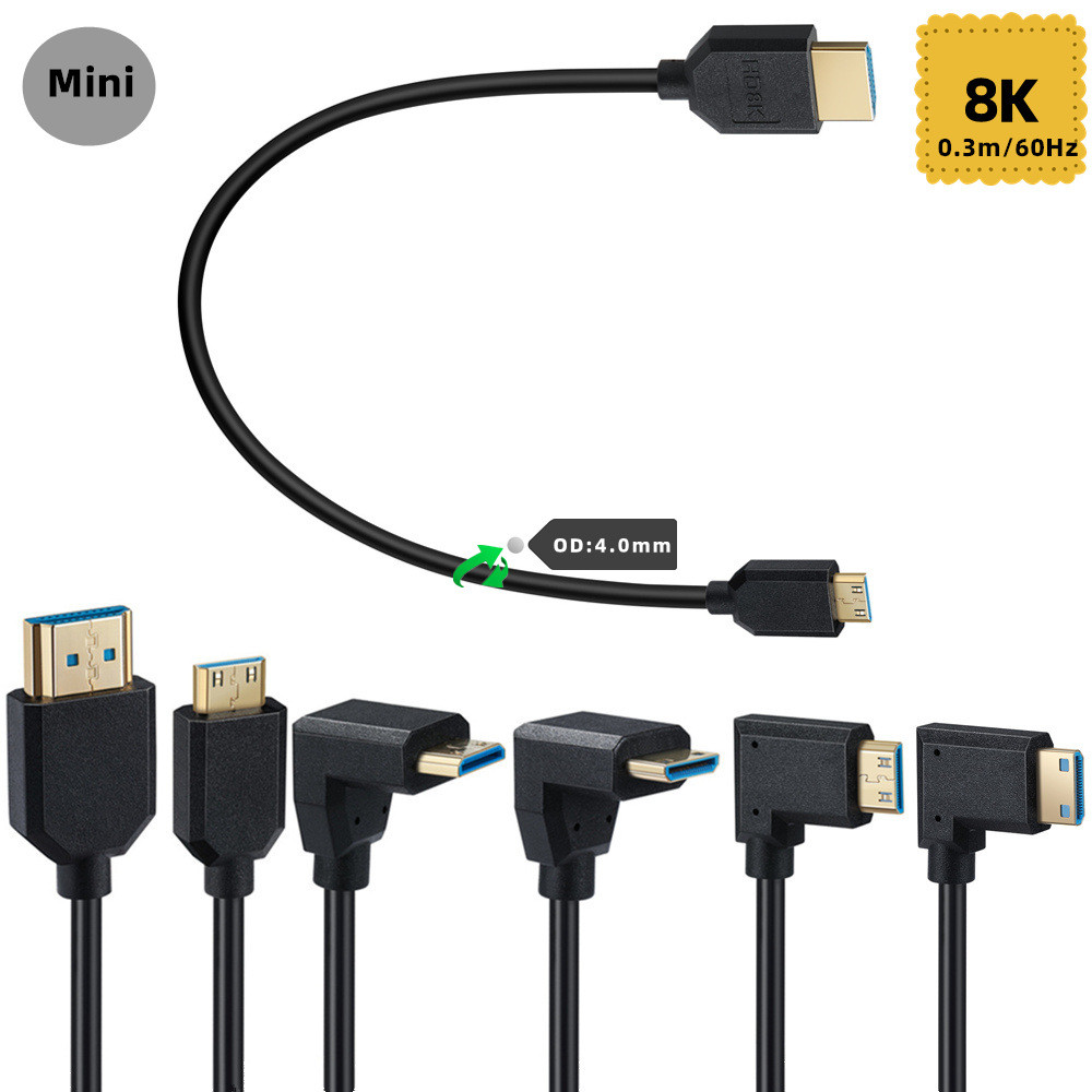 8K @ 60Hz Mini HDMI to HDMI 2.1 UHD Cable 0.3m สําหรับกล้องดิจิตอล Canon/Sony,กล้องวิดีโอ,จอภาพแบบพกพา, 90 องศา Type-C ถึง Type-A HDMI2.1 4K@120Hz สั้นสายแปลง 30 ซม.