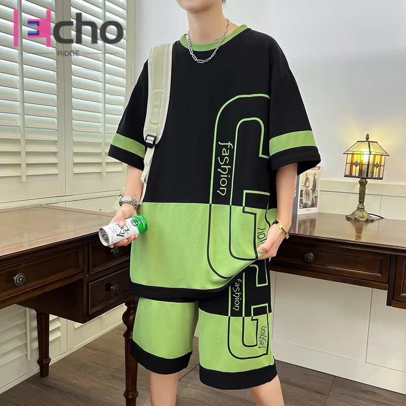 Echo Ridge Men Leisure Set กางเกงขาสั้นแขนสั้นฤดูร้อนแฟชั่นสวมชุดสูทสองชิ้น