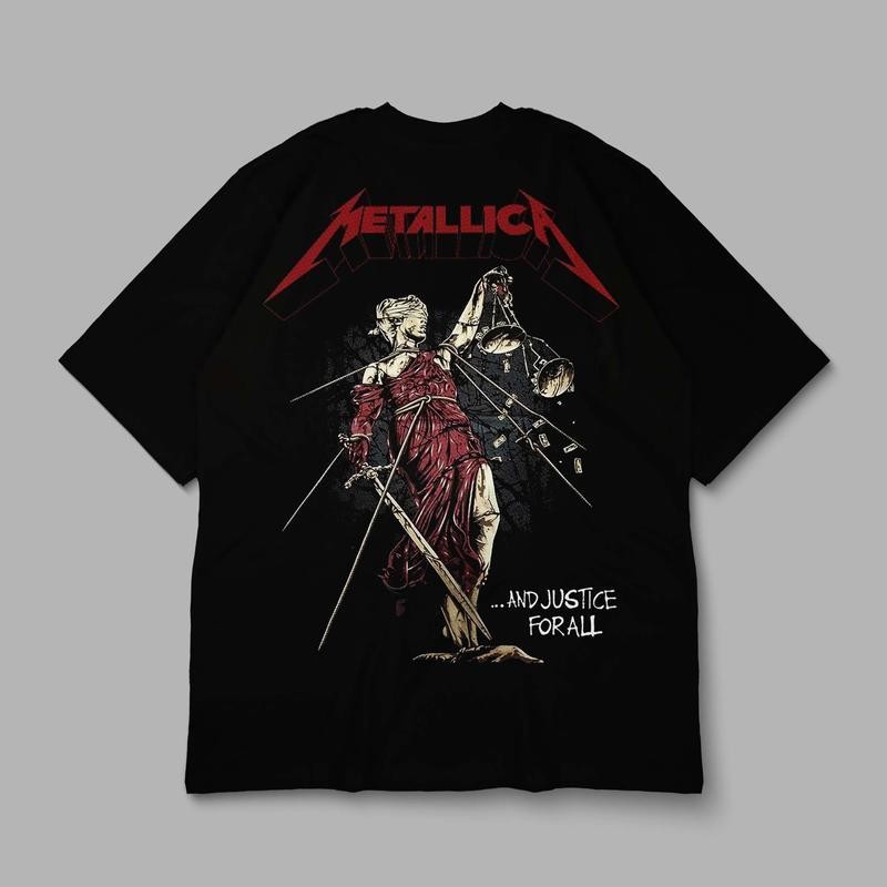 เสื้อผ้า  เสื้อยืด  thailand เสื้อยืดผ้าฝ้ายแท้ Metallica Theme ระบายอากาศได้ดีสบาย.เสื้อผ้าสีดํา Body, Back Justice Goddess รูปแบบสะดุดตา, Thai Heavy Metallic สไตล์, Release Rock Attitude