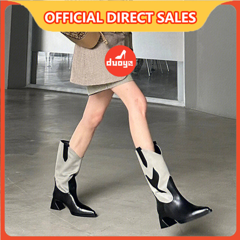 Duoya Factory รองเท้าบูทคาวบอย ทรงตรง สีดํา สีเทา สไตล์ตะวันตก สําหรับผู้หญิง ส่งฟรี