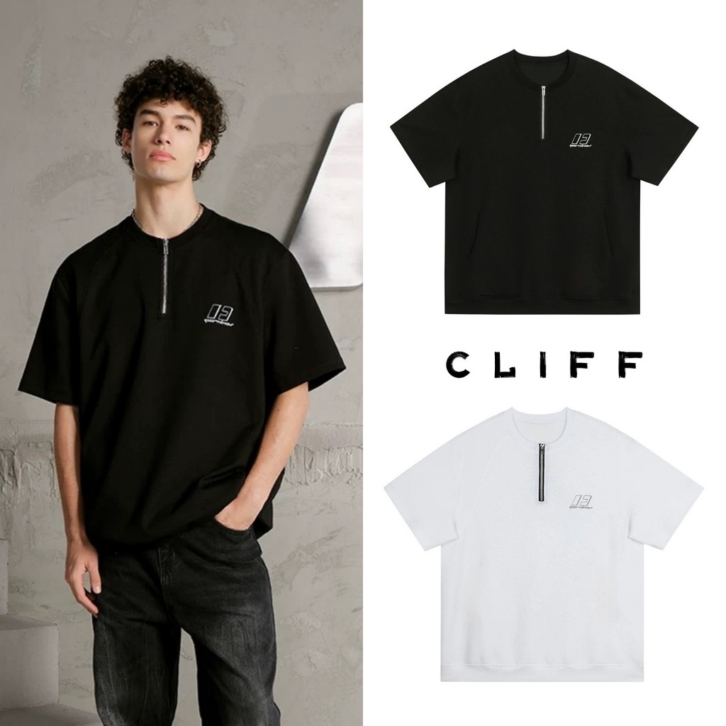 CLIFF ฤดูร้อนรุ่นใหม่แขนสั้น ซิปครึ่ง พิมพ์ลายแฟชั่น แบรนด์ไฮสตรีทแฟชั่น แบบหลวมลำลอง