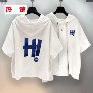 เสื้อยืดแขนสั้นมีฮู้ดสไตล์ฮ่องกงผู้ชายฤดูร้อน ins เสื้อยืดแข…