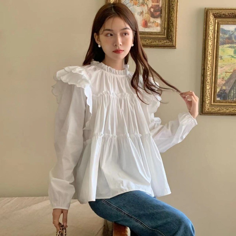 shayne-เสื้อสุภาพสตรี สีทึบ วงกลม ปลอกคอ ประเภทรุ่นหลวม วรรณกรรมและศิลปะ สุภาพสตรี หวาน แฟชั่นสบาย ๆ วิทยาลัย