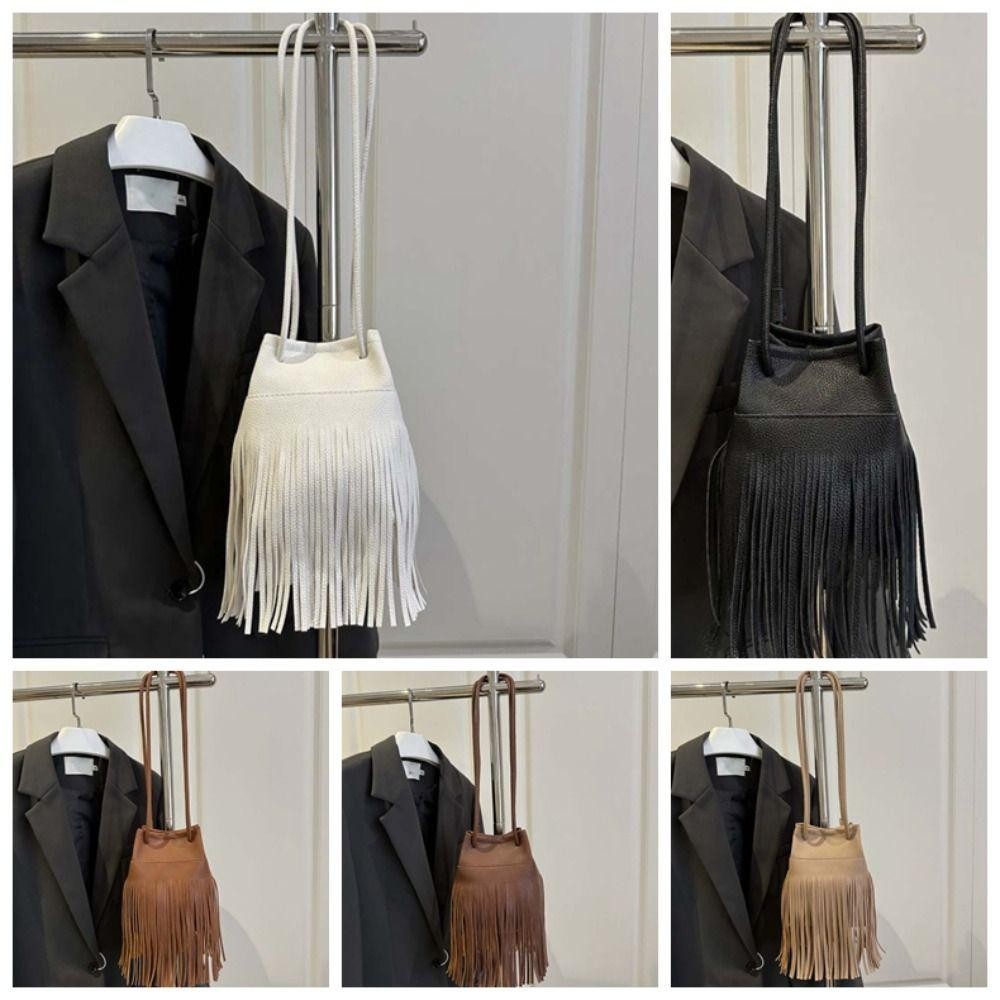 Mxmio Tassels Bucket Bag, Elegant Retro Drawstring PU Bag, Crossbody Bag Large Capacity Anti-splash Water Magnetic Button Texture กระเป๋าสะพายไหล่ผู้หญิง