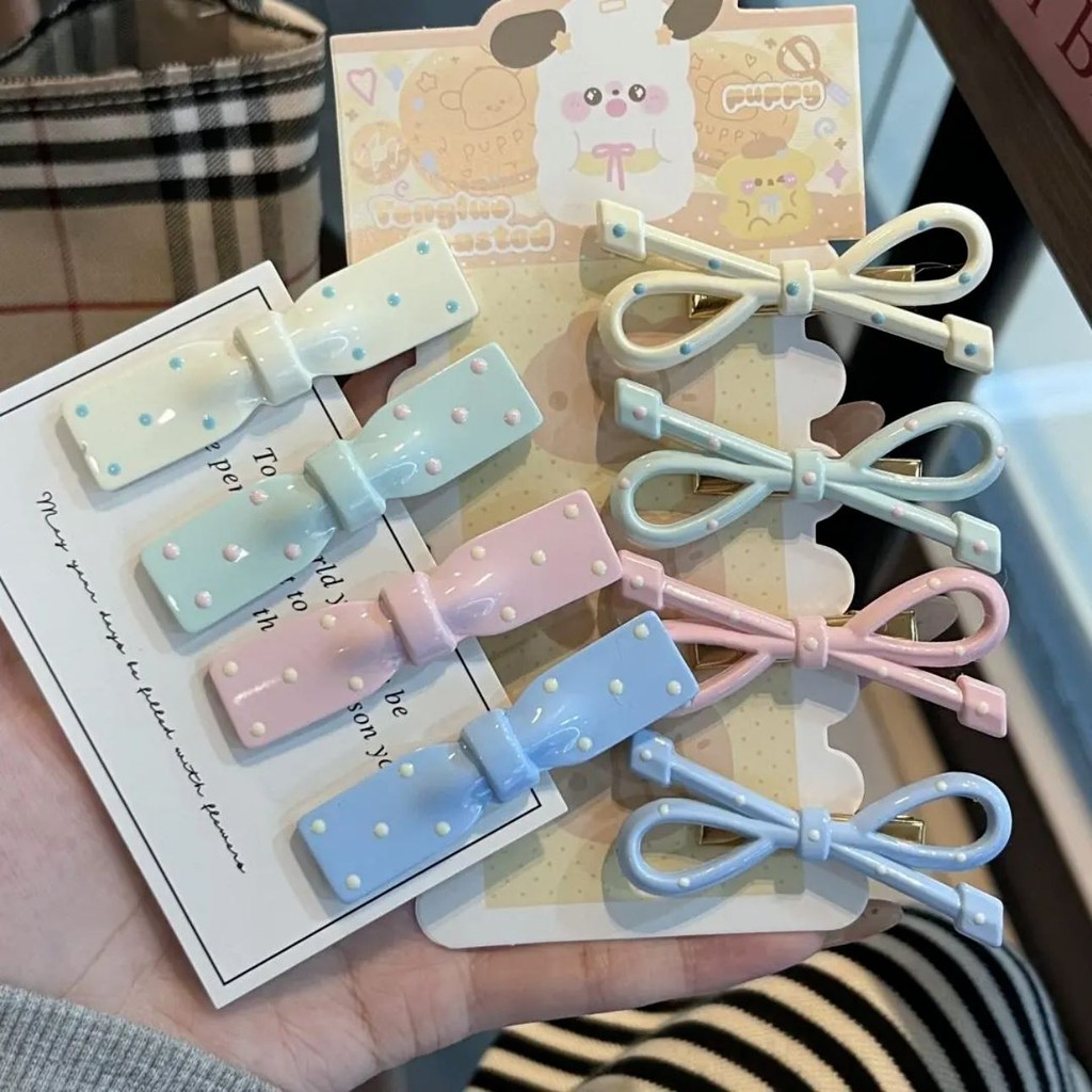 กิ๊บติดผมโบว์ลายจุดสไตล์เกาหลีด้านหน้าผากคลิปหน้าม้าผมหักคลิปปากเป็ด