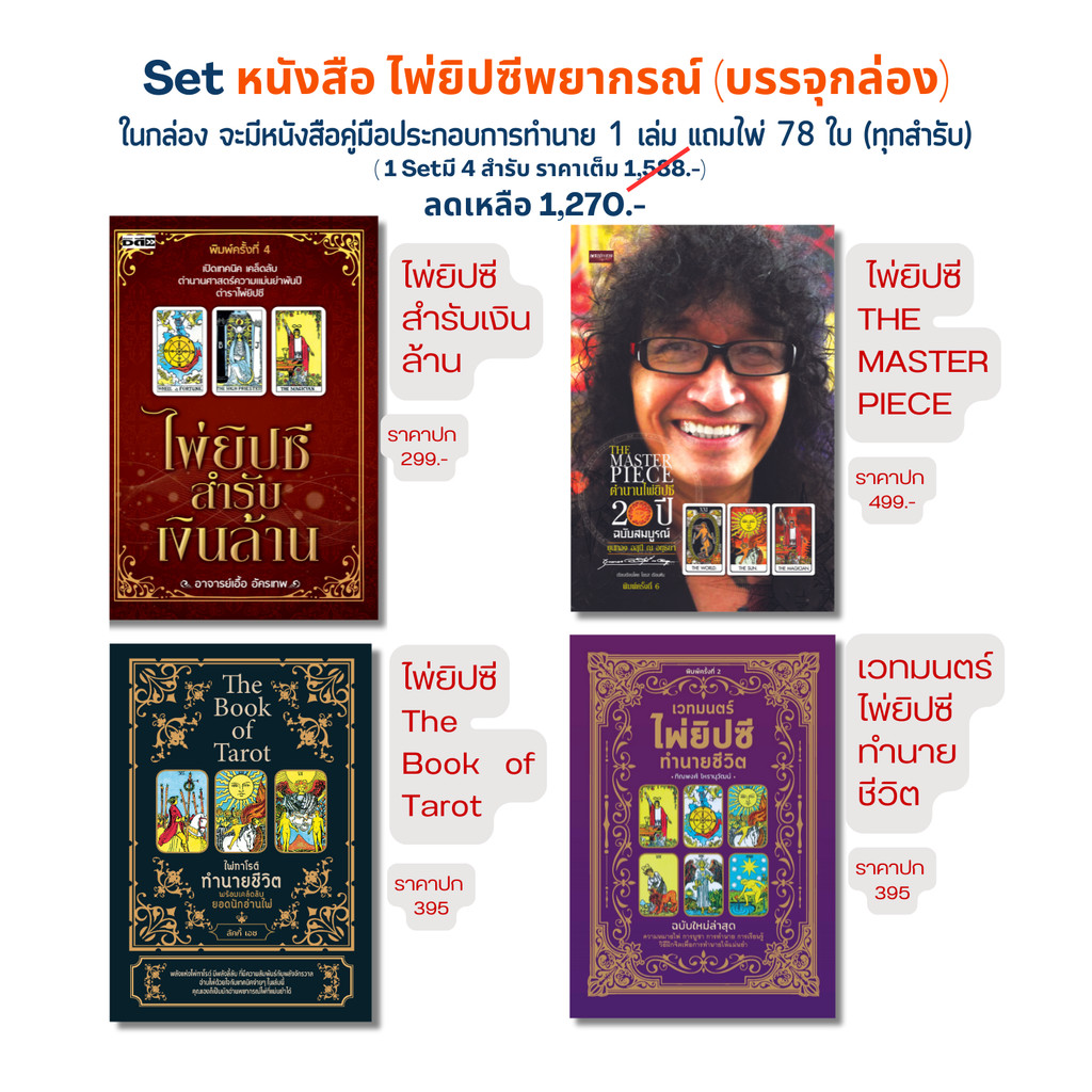 Set หนังสือ ไพ่ยิปซีพยากรณ์ (บรรจุกล่อง หนังสือ + แถมไพ่ 78 ใบ ทุกสำรับ) 1 Set มี 4 เล่ม ทำนายดวงด้วยไพ่ : ดูดวง
