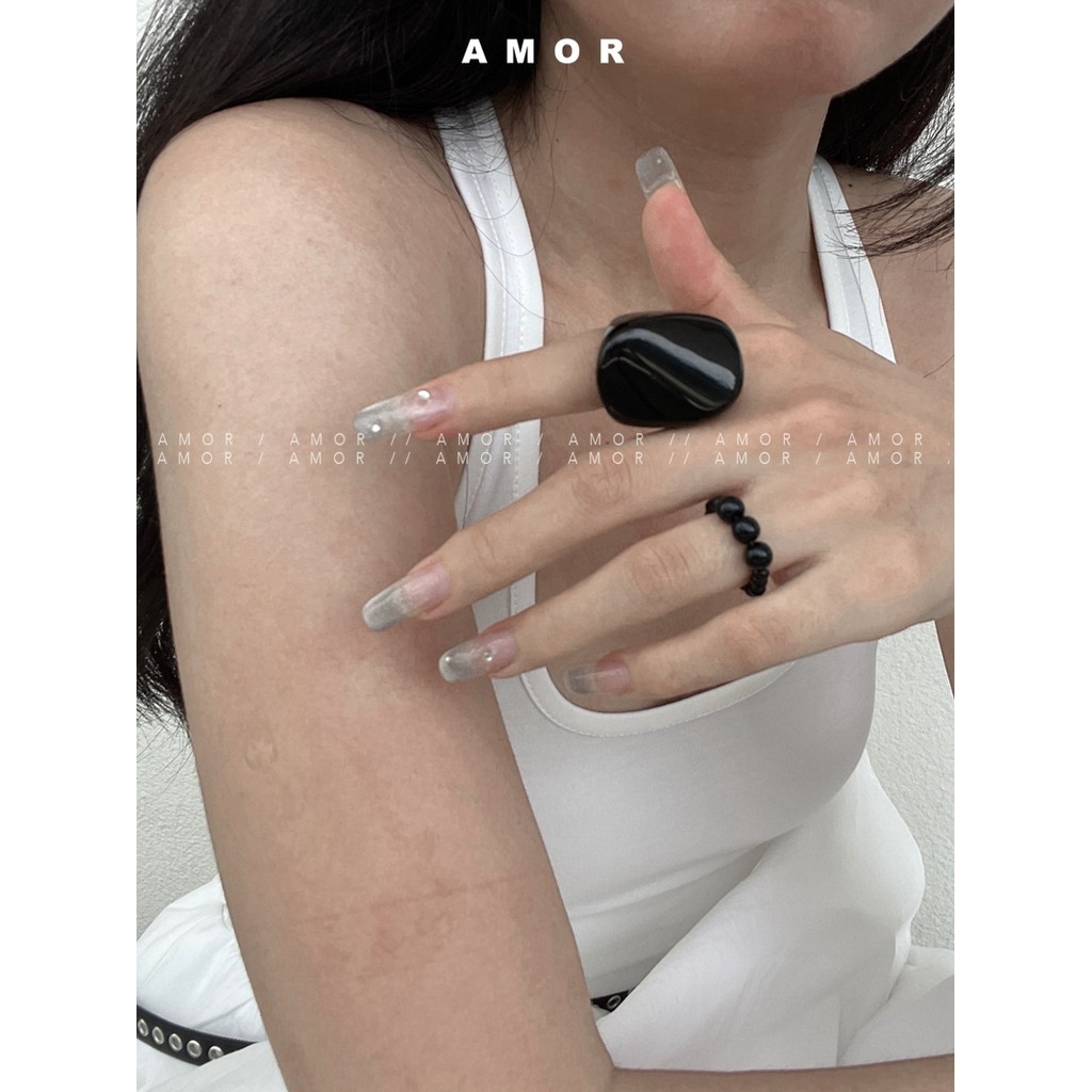 ชุดแหวนลูกปัดอะคริลิคสีดําเรซิ่น ซอก ออกแบบ แหวนเรขาคณิตเรียบง่าย