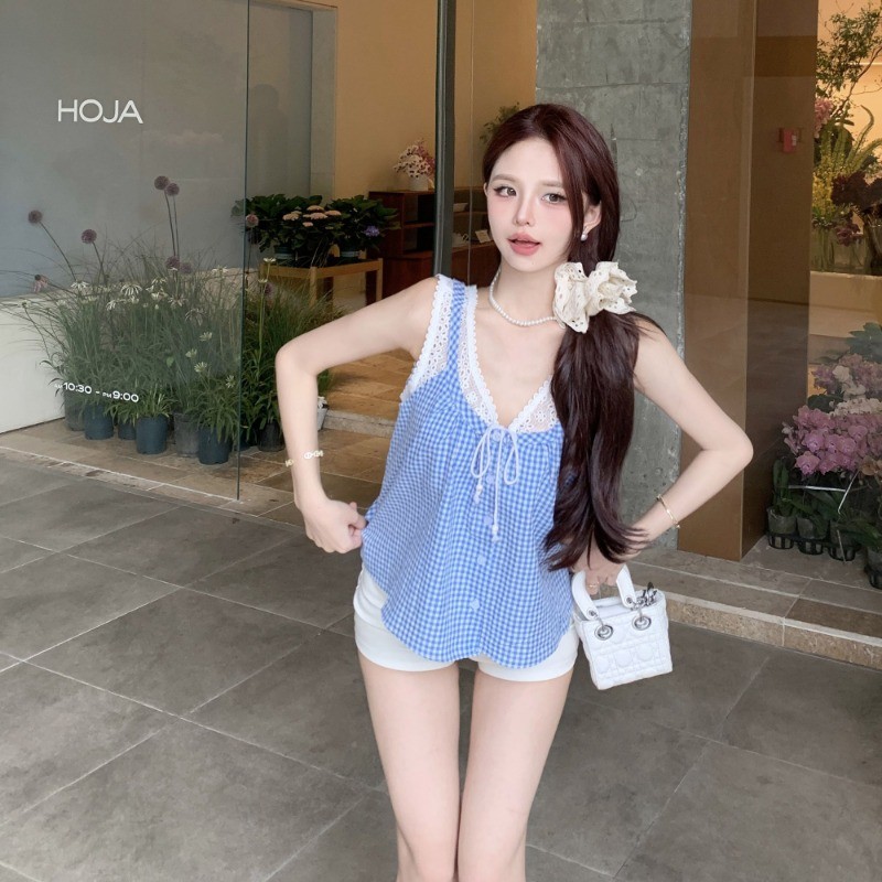 LINNA~ลูกไม้ คอวี เสื้อเชิ้ต ตาหมากรุก เวอร์ชั่นเกาหลี สไตล์ใหม่ สไตล์หวาน