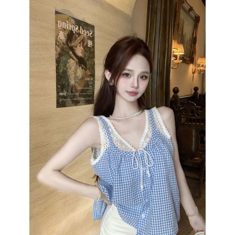 LINNA~ลูกไม้ คอวี เสื้อเชิ้ต ตาหมากรุก เวอร์ชั่นเกาหลี สไตล์ใหม่ สไตล์หวาน - รูปที่ 5