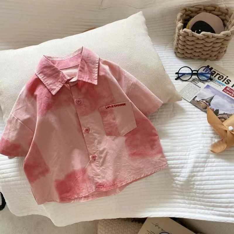 ชายเสื้อแขนสั้นฤดูร้อนสไตล์ใหม่เกาหลีรุ่นผ้าฝ้ายLapelแฟชั่นTie-Dyeกระเป๋าเย็บปักถักร้อยหล่อLoo
