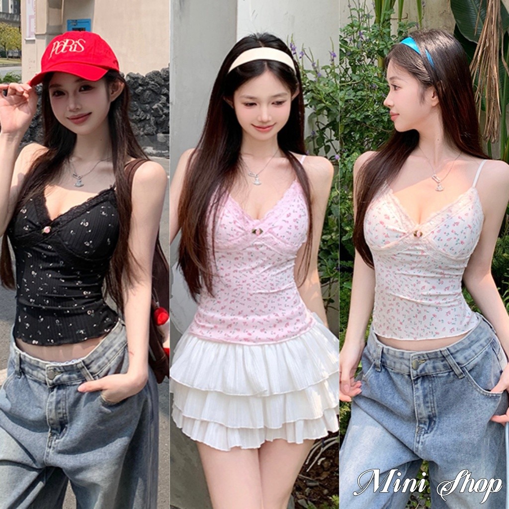 Mini shop🌸พร้อมส่ง🌸(FY6963) เสื้อสายเดี่ยว คอวี สีพาสเทล ลายดอกไม้ มีฟองน้ำ
