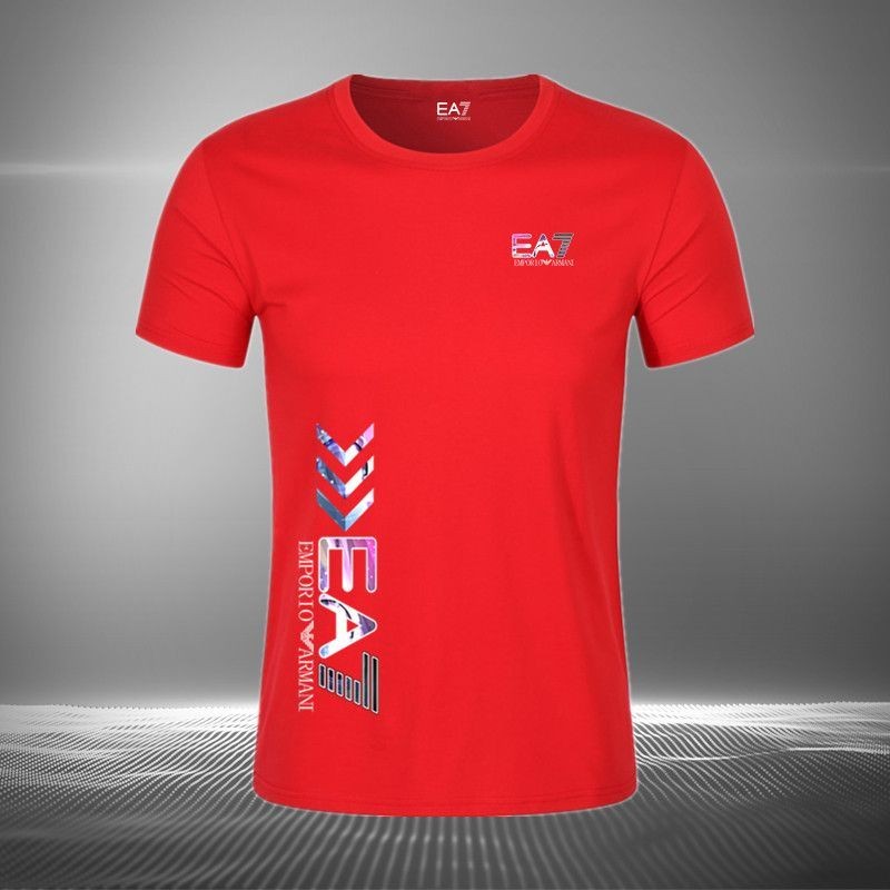 Armani เสื้อยืดแขนสั้นผู้ชายพิมพ์ผ้าฝ้ายแท้ระบายอากาศสีดําครึ่งแขน Ea7 ป้ายคอปก + Tag