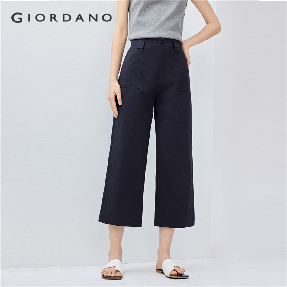 GIORDANO WOMEN 100% cotton lace trim wide leg cropped pants 18426104