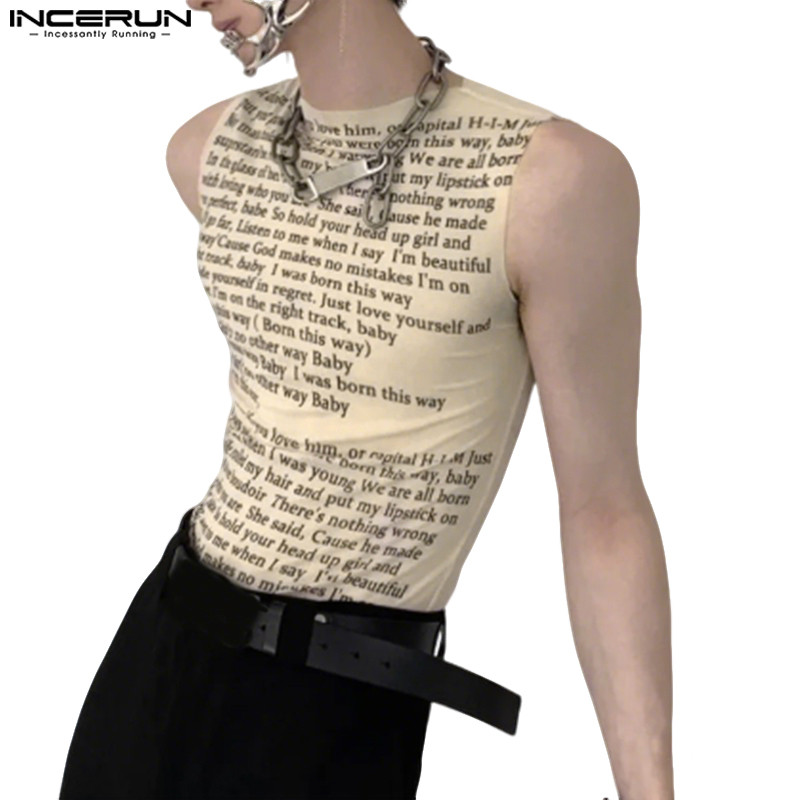 INCERUN Men Vintage Streetwear Crew Neck Letter Print แขนกุดติดตั้งถัง