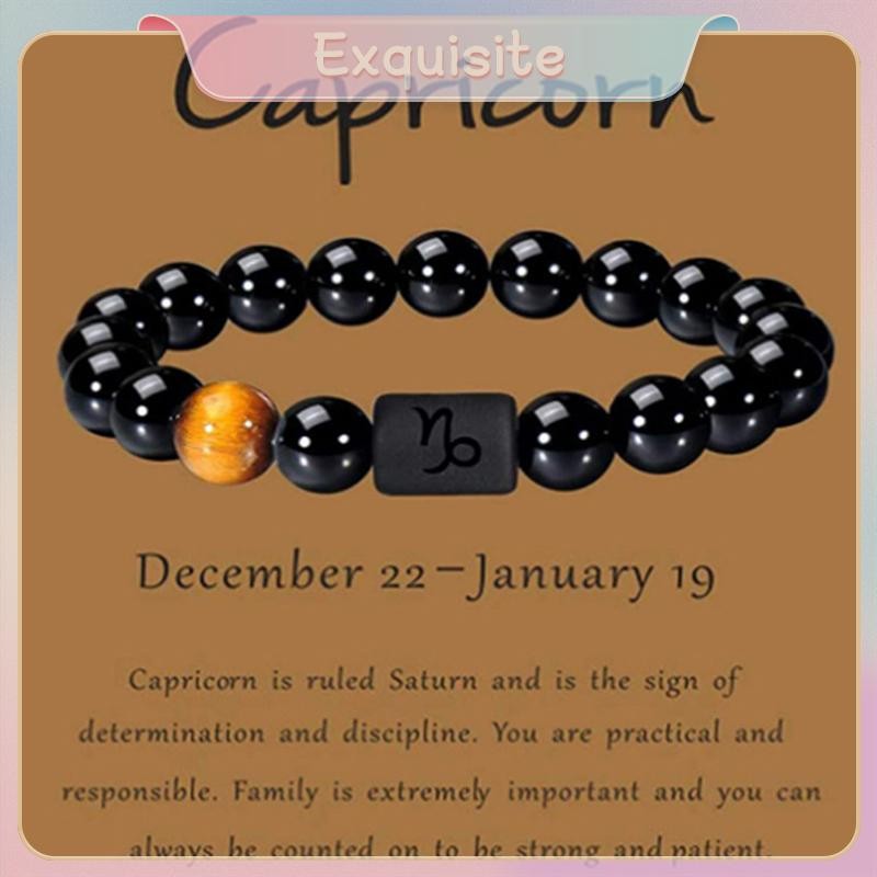 [ประณีต] 12 กลุ่มดาวราศีลูกปัดสร้อยข้อมือคู่ธรรมชาติสีดํานิลหินยืดหยุ่นสร้อยข้อมือเสน่ห์สําหรับผู้หญิงผู้ชาย [ไทย]