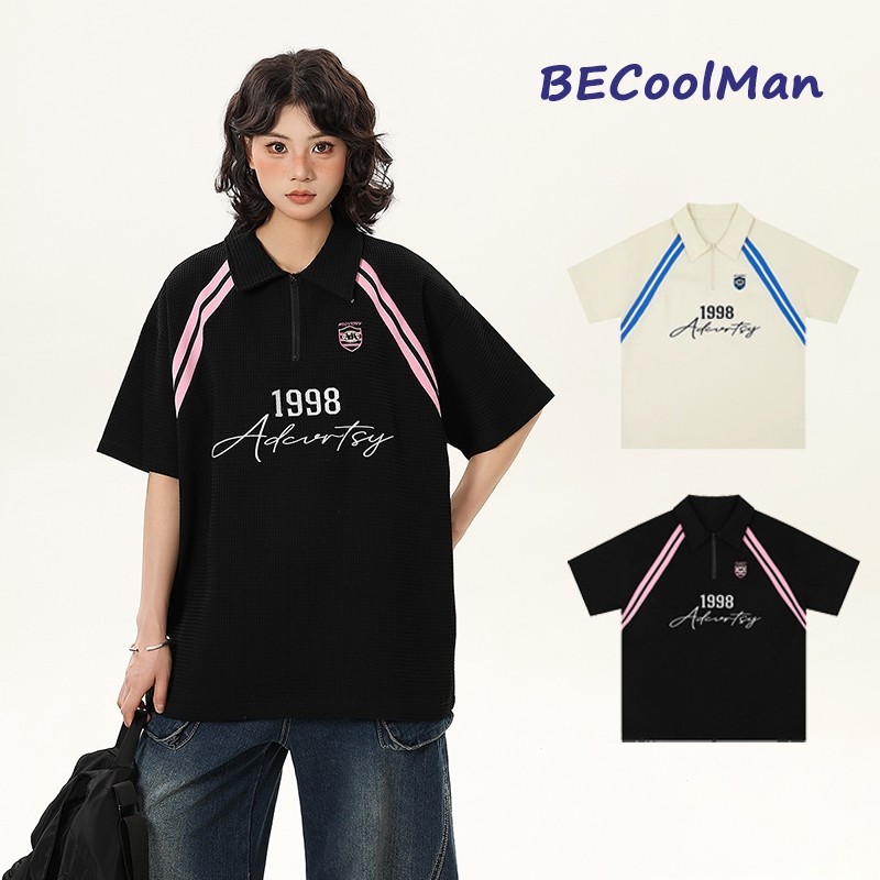 🌟BECoolMan🌟เสื้อโปโลผู้ชาย ไฮสตรีทสไตล์อเมริกัน ฮิปฮอป คนส่วนน้อยหล่อ สไตล์สปอร์ตทรงหลวม