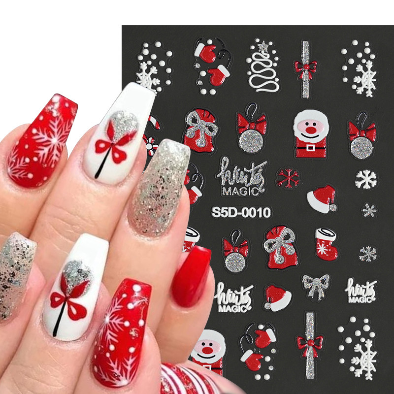 5d นูนเล็บสติกเกอร์คริสต์มาสฤดูหนาว Santa Claus เกล็ดหิมะ Elk แกะสลัก Slider ตกแต่งเล็บ