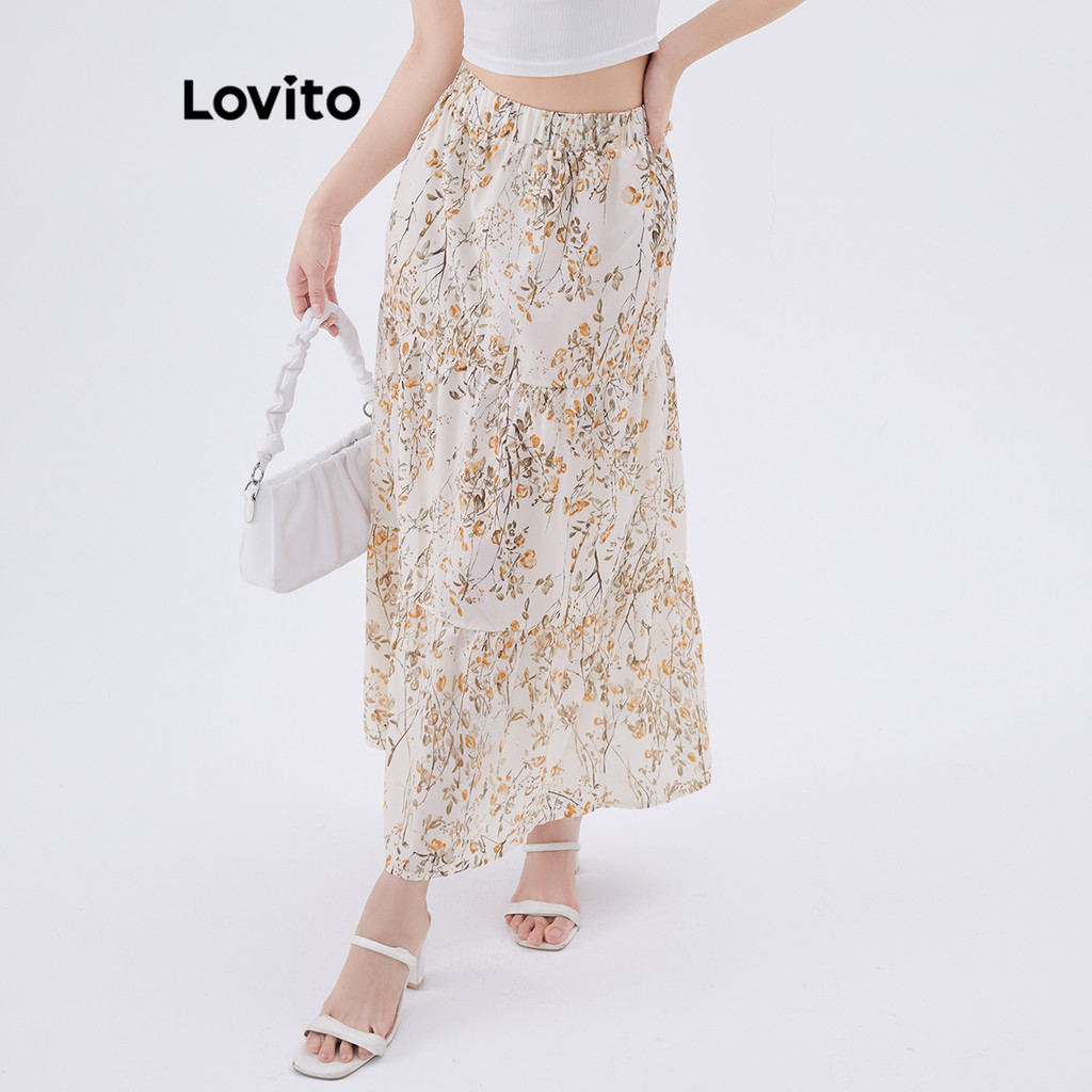 Lovito กระโปรงลายดอกไม้สไตล์โบฮีเมียนสำหรับผู้หญิง L105MD204