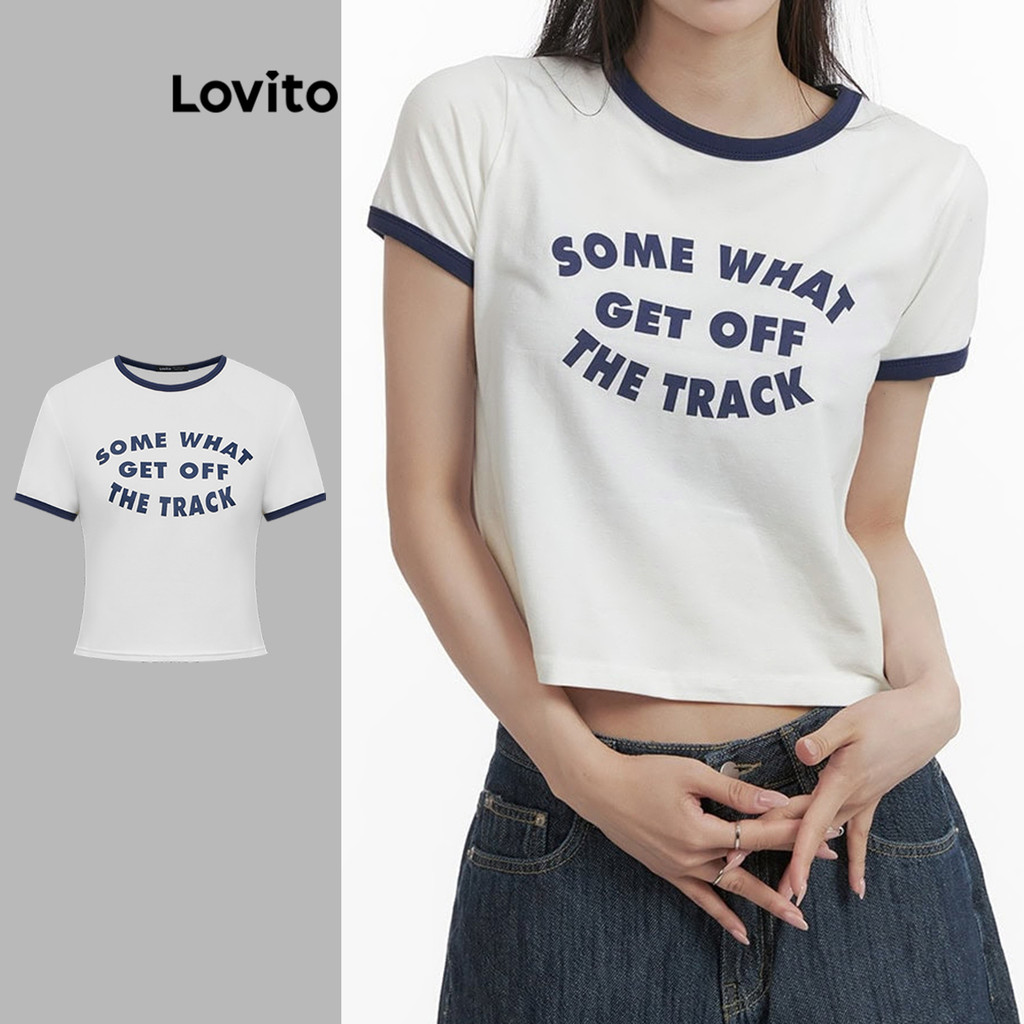 Lovito เสื้อยืดลาย สีบล็อกธรรมดาสบาย ๆ สำหรับผู้หญิง LAD106678