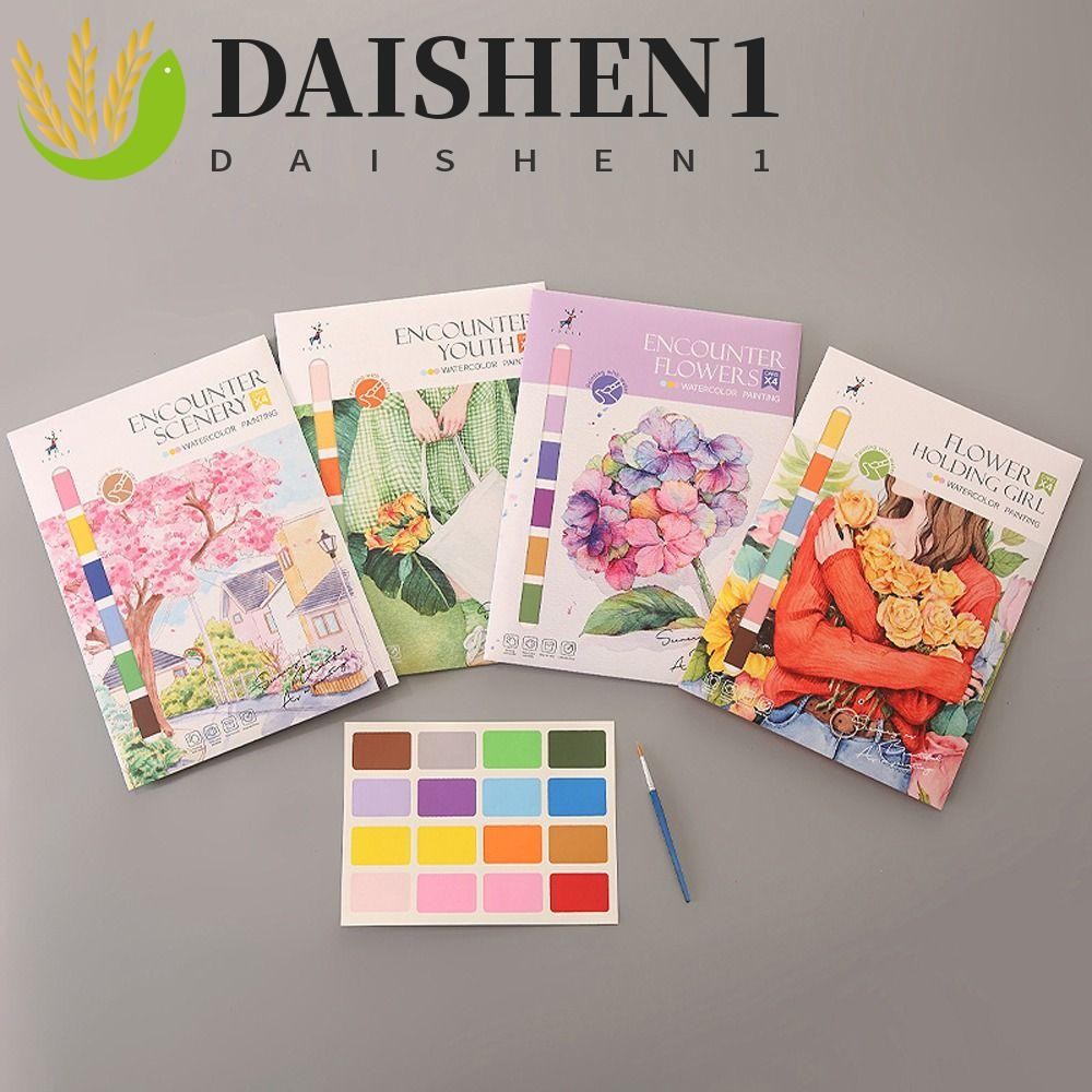 Daishen1 สมุดวาดภาพระบายสีน้ํา กระดาษพิเศษ พร้อมเม็ดสี แบบพกพา พร้อมแปรง สําหรับเด็ก
