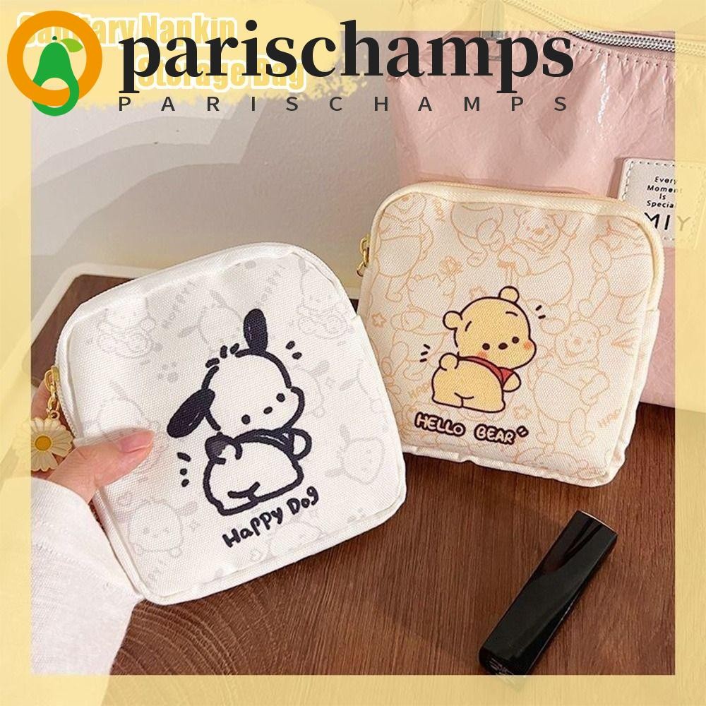 Parischamps กระเป๋าเก็บผ้าอนามัย, กระเป๋าเก็บ Pochacco ดีไซน์การ์ตูนหมีพูห์, กระเป๋าผ้าเก็บของสไตล์เกาหลีหวาน, นักเรียนผ้า Ox