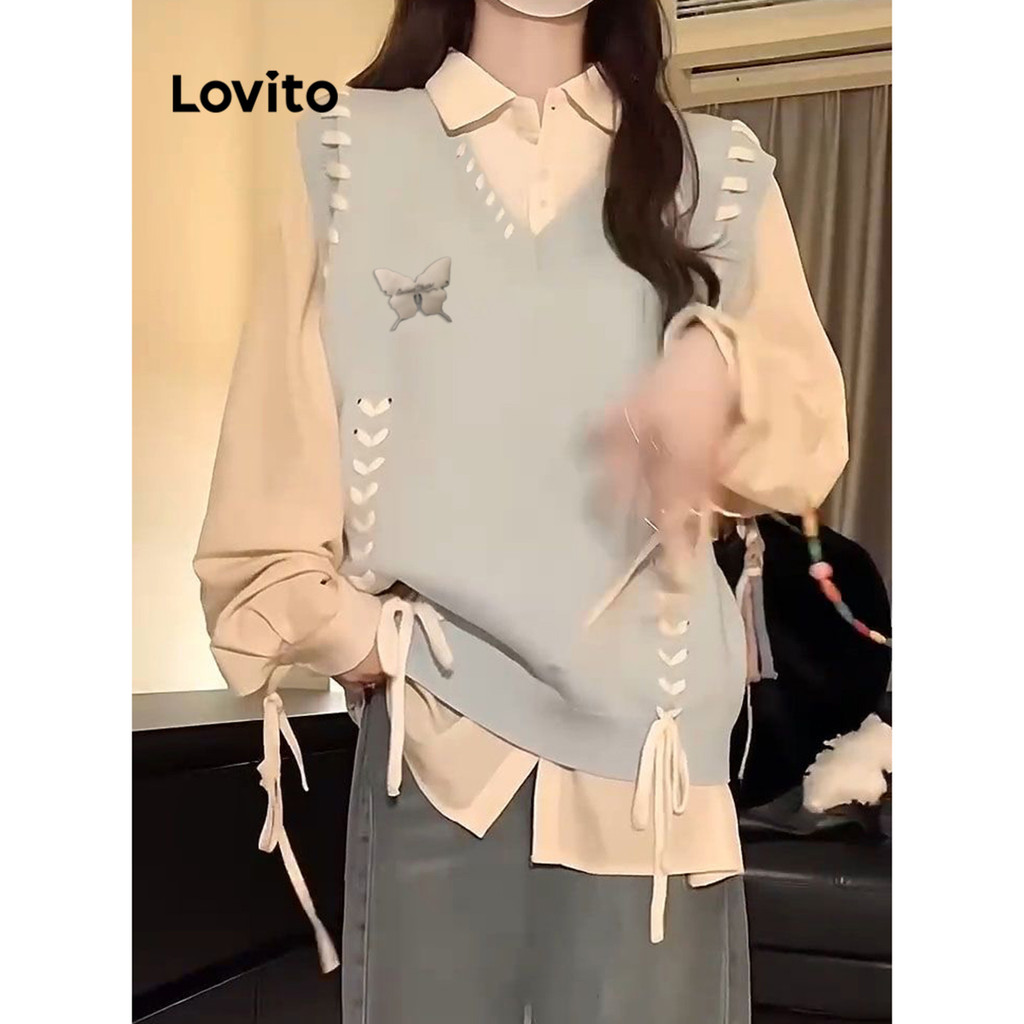 Lovito เสื้อถักด้านหน้าสำหรับผู้หญิงแบบสบาย ๆ ผูกธรรมดาด้านหน้าสำหรับผู้หญิง LNA77523