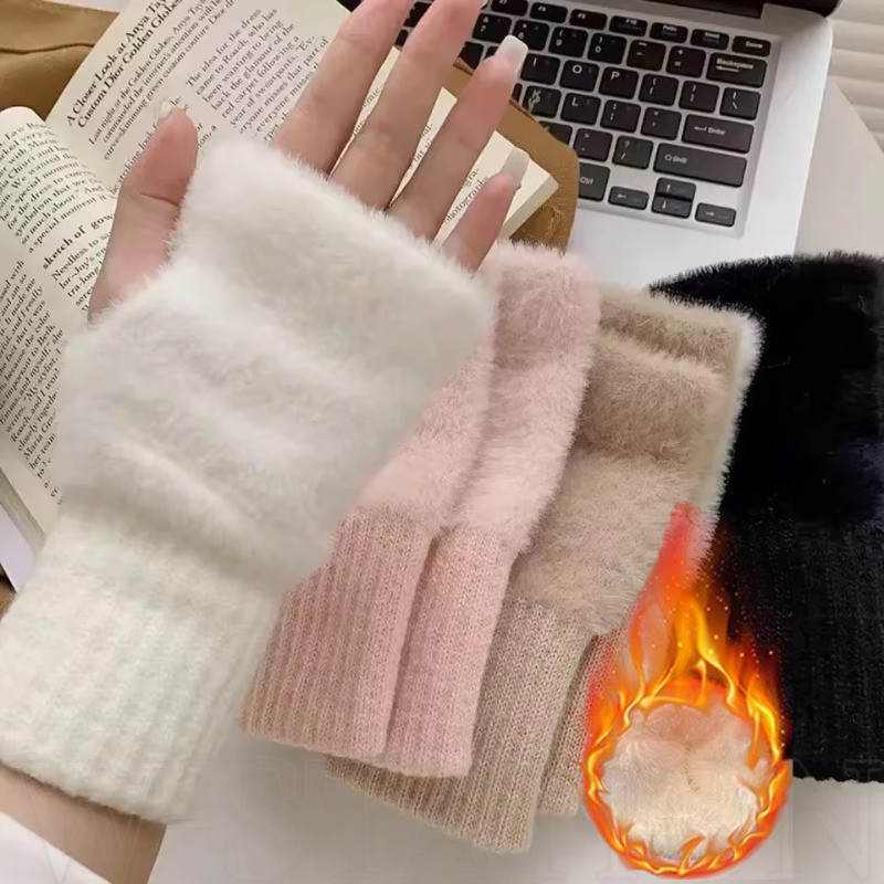 Plush Warm Half-Finger Gloves-สไตล์เกาหลีหนาเย็นหลักฐานแฟชั่นหรูหรา-ผู้หญิงสีขาวPlushถักถุงมือFingerless-ฤดูหนาวขนสัตว์Warm Supplies