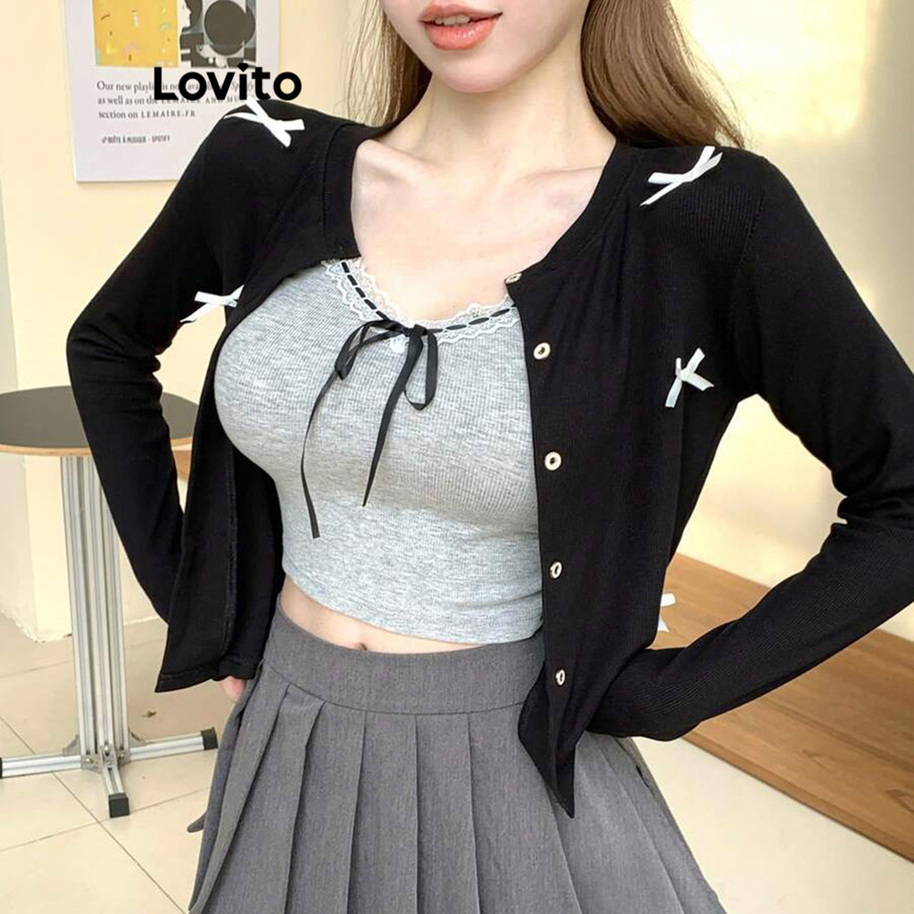 Lovito เสื้อยืดกระดุมหน้าน่ารักโบว์ธรรมดาน่ารักสำหรับผู้หญิง L106AD001