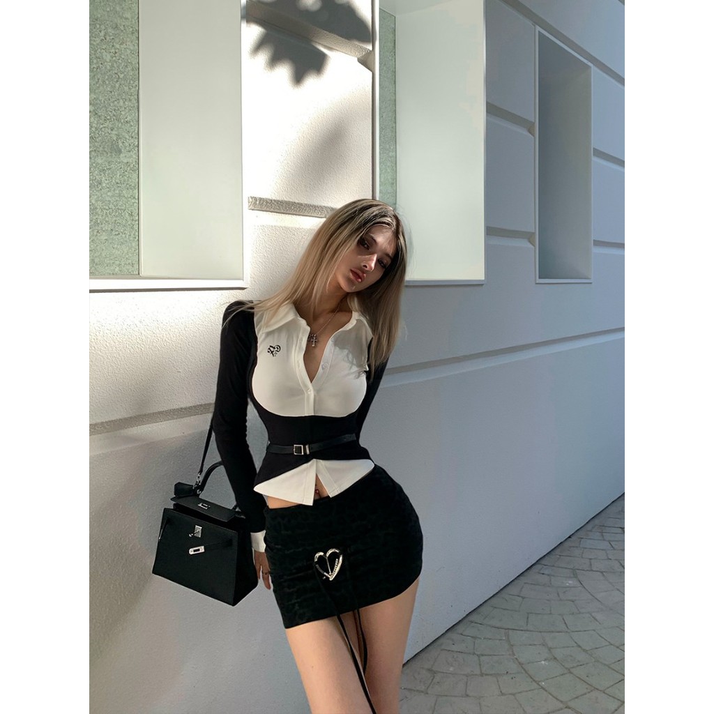 แฟชั่นเย็บออกแบบเสื้อไม่สม่ําเสมอผู้หญิงฤดูใบไม้ร่วงผอมแขนยาวด้านบน