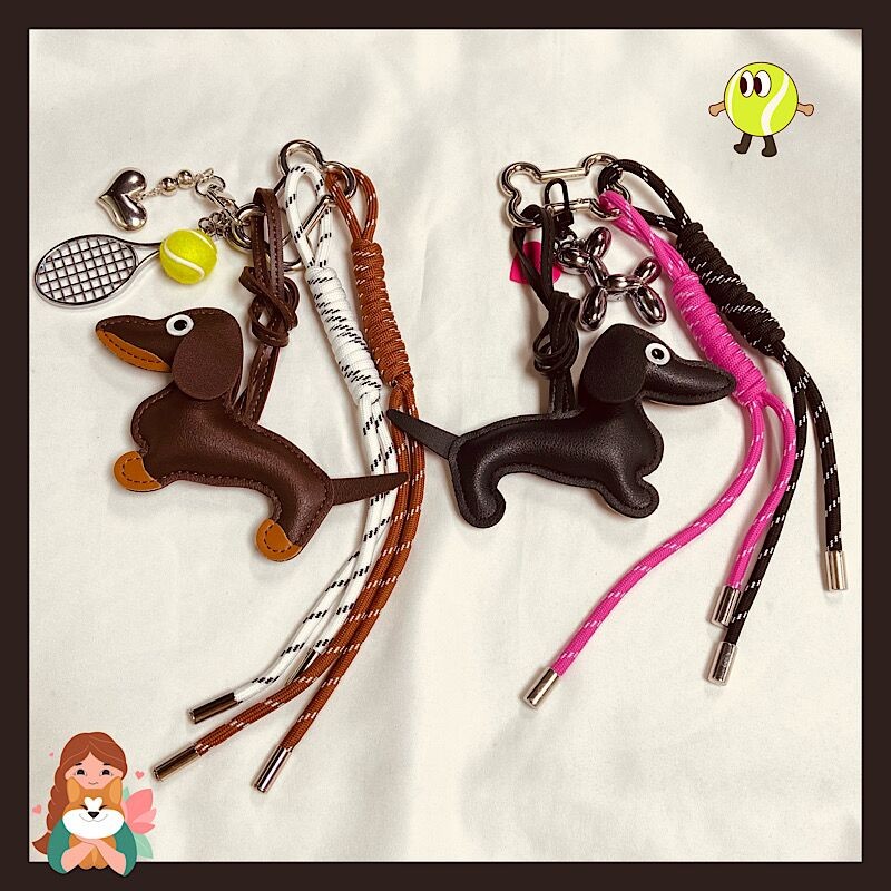 Miu Series Retro จี้เทนนิสหนังน่ารัก Dachshund กระเป๋าเครื่องประดับ Retro สไตล์ Braided Lanyard พวงกุญแจ 2024