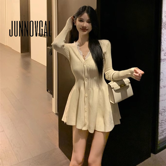 Junnovgal มินิเดรสผู้หญิง Nipped เอวจีบ A-Line แขนยาว 2024