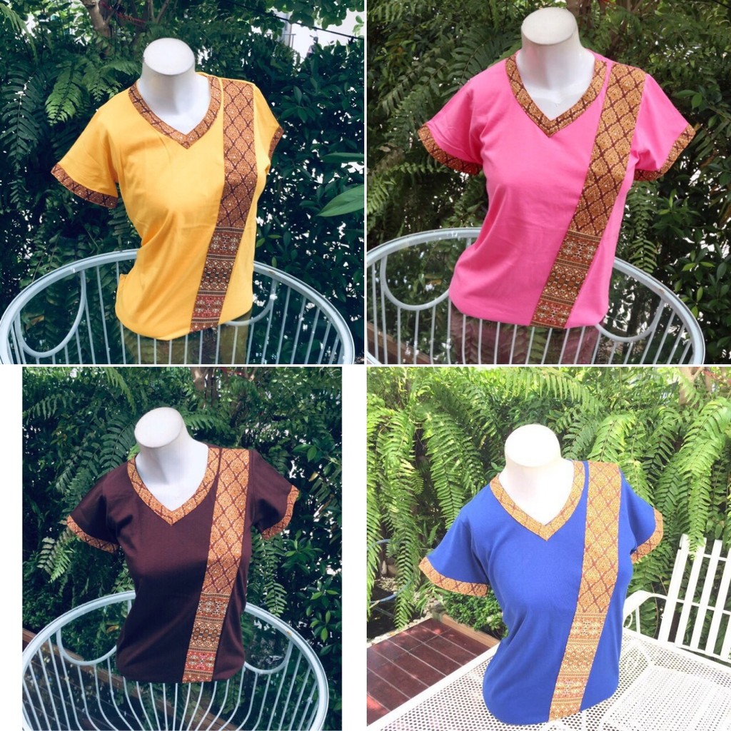 ไทยสปาเสื้อยืดผู้หญิง,แขนสั้นด้านบนหลวมคอวี,เสื้อยืดพิมพ์ลายสีทึบสําหรับผู้หญิง