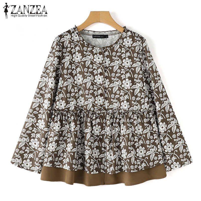 Zanzea เสื้อเบลาส์แขนยาวพิมพ์ลายลูกเรือลําลองเกาหลีสําหรับผู้หญิง