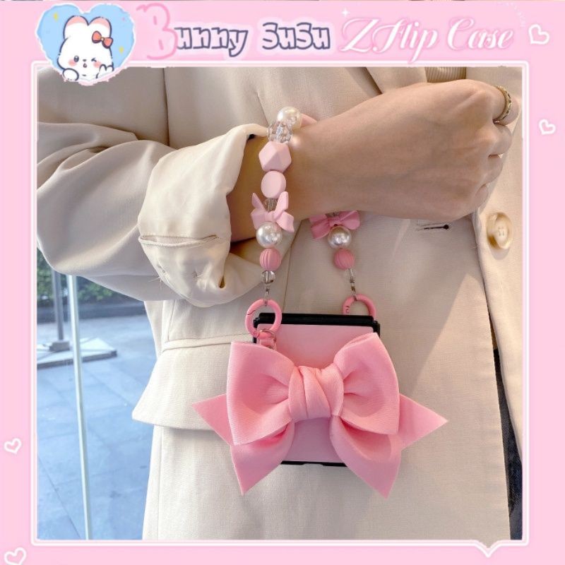 เคส Samsung Z Flip 4 - Z Flip 3 - Z Flip3 - Flip4 5G ทําจากหนังผูกโบว์ ladylike พร้อมสายลูกปัดน่ารัก