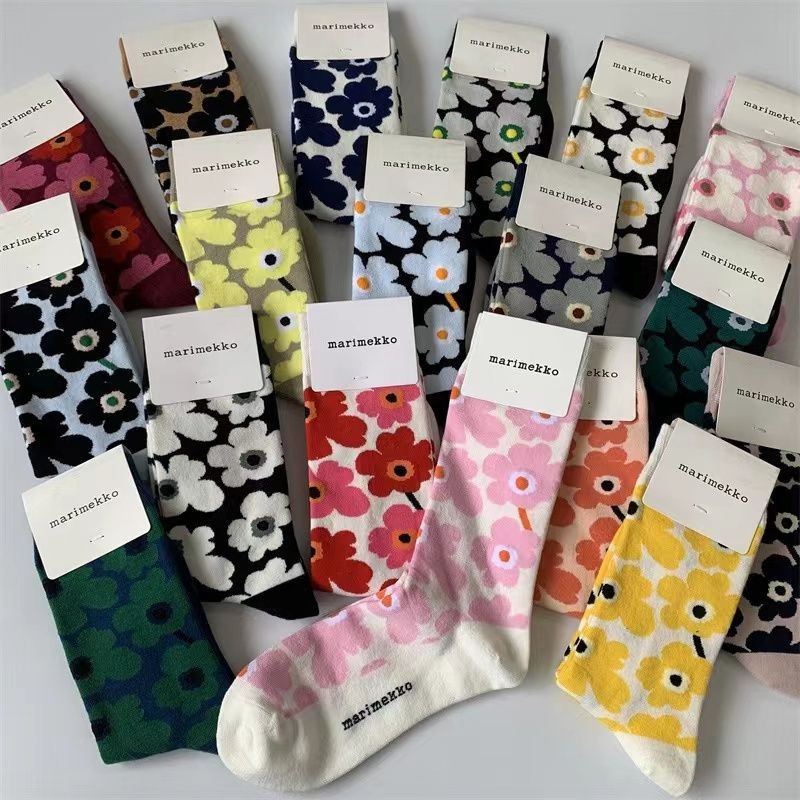 Marimekko ถุงเท้า Finnish สี Retro ดอกไม้กลางสูงหลอดวรรณกรรม Niche หรูหรา Happy ถุงเท้าผู้หญิงฤดูใบไม้ผลิฤดูร้อน