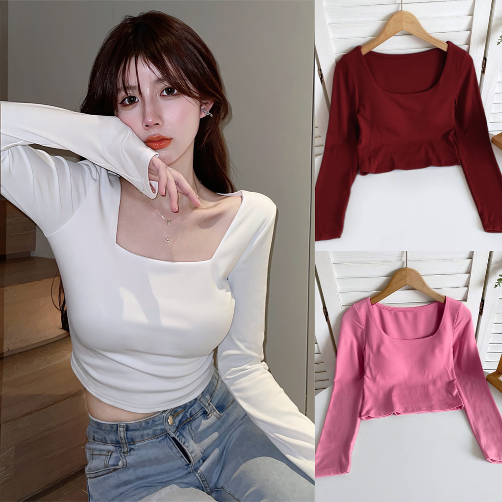 Suysuy พร้อมส่ง เสื้อครอป แขนยาว คอเหลี่ยม สีพื้น ผ้าเรยอน ใส่สบาย สไตล์ลำลอง สไตล์เกาหลี แฟชั่นสำหรับคุณผู้หญิง