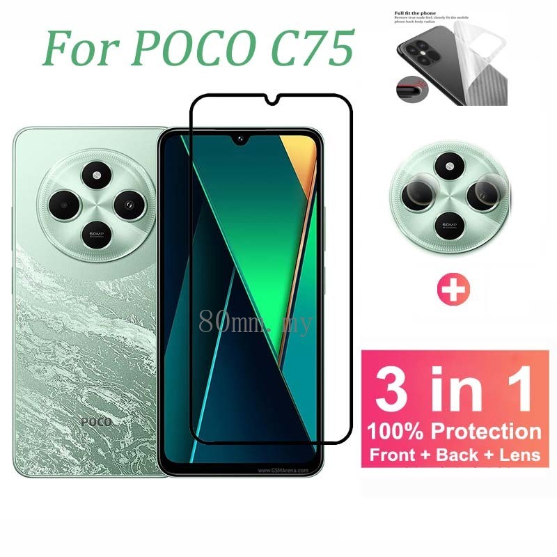 ฟิล์มกระจก 3 in 1 สำหรับ Xiaomi POCO C75 ฟิล์มกันรอยสำหรับ Xiaomi POCO C75 C65 C61 C55 C51 Redmi A3 14C14R 13C 12C 13 12 5G 4G ฟิล์ม กระจกหน้าหลังฟิล์มกันรอยกล้อง