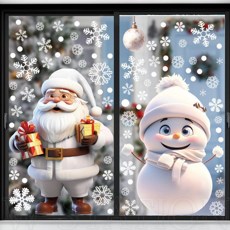 Santa White Snowflake Static Window Sticker - Christmas Party Decorative Decal - Xmas Home Festival Party Supplies - Self-Adhesive, กันน้ํา, น่ารัก - สติ๊กเกอร์หน้าต่างติดผนัง